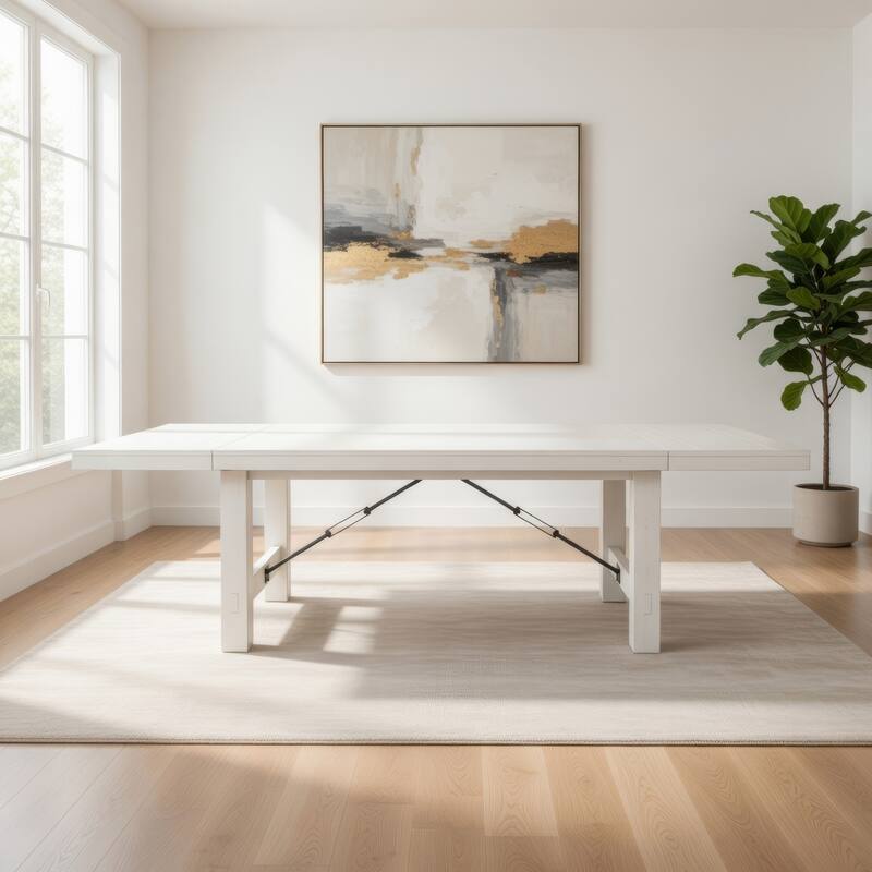 Rena Dining Table, 2 Extension Leaf, 86-122 Inch White Mahogany Wood