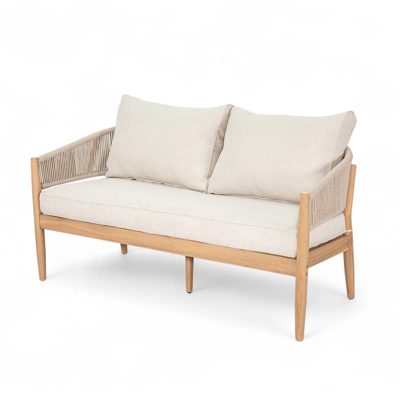 Christopher Knight Home - Eulalia Patio Acacia Wood and Rope Loveseat with Cushion.