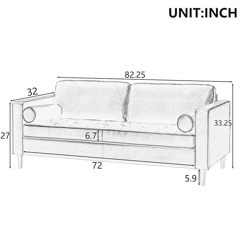 Mid-Century Modern PU Leather 3-Seat Sofa, Tufted Design, Solid Wood Legs, 2 Bolster Pillows, Comfortable sofa