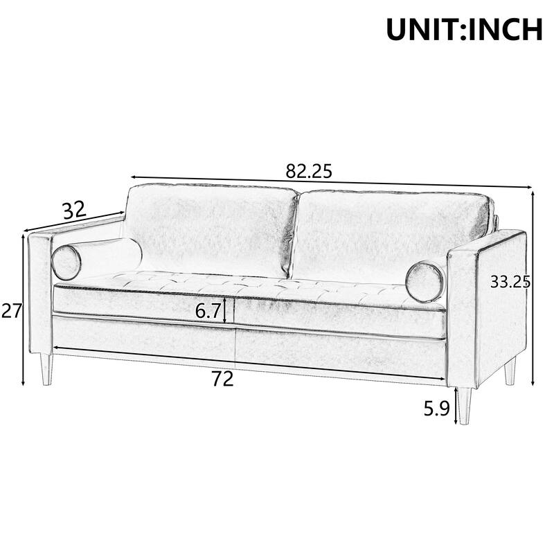 Roomfitters Mid-Century PU Leather Sofa, 3-Seater Couch with Tufted Seat, Bolster Pillows and Solid Wood Legs