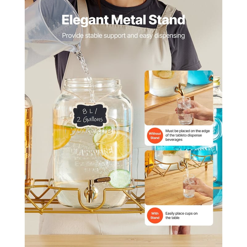 Transparent Glass Three Cylinder Beverage Dispenser 6 Gal with Metal Stand and Chalkboards - 28.35 x 8.27 x 18.11 in