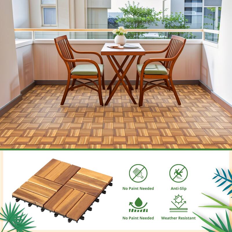 12 x 12 Inch Solid Wood Acacia Interlocking Flooring Tiles, Mosaic Pattern Patio Deck Tiles (Natural Color, 12 Slats)