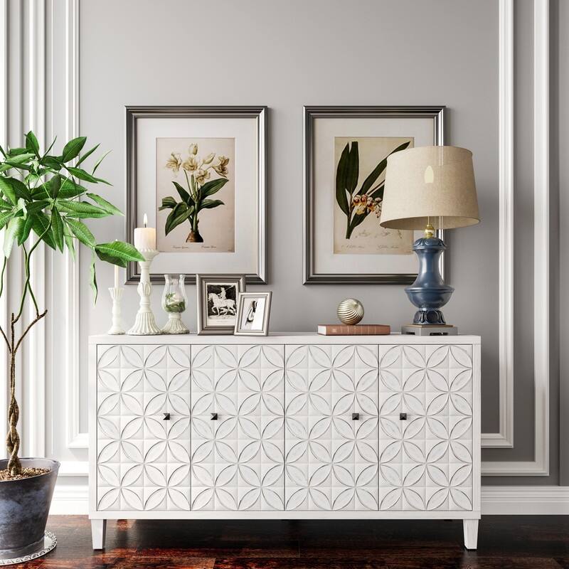 White Wash Storage Cabient with Doors and Shelves,Sideboard Cabinet with Adjustable Shelves