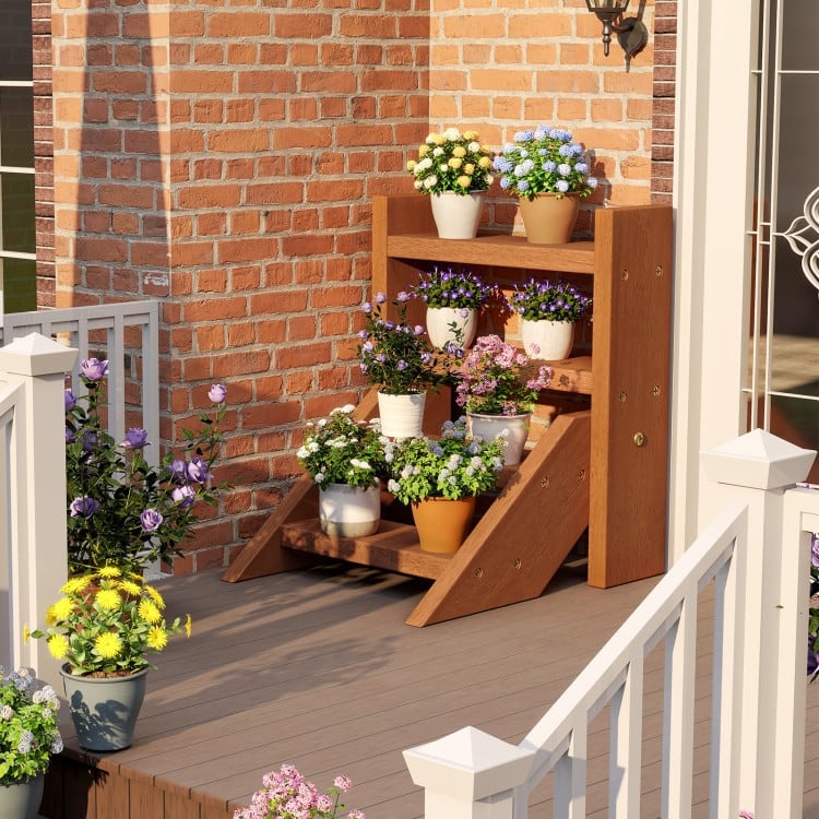 Natural Solid Wood 4-Tier Ladder Flower Stand for Indoor Outdoor - 12" x 12" x 14"