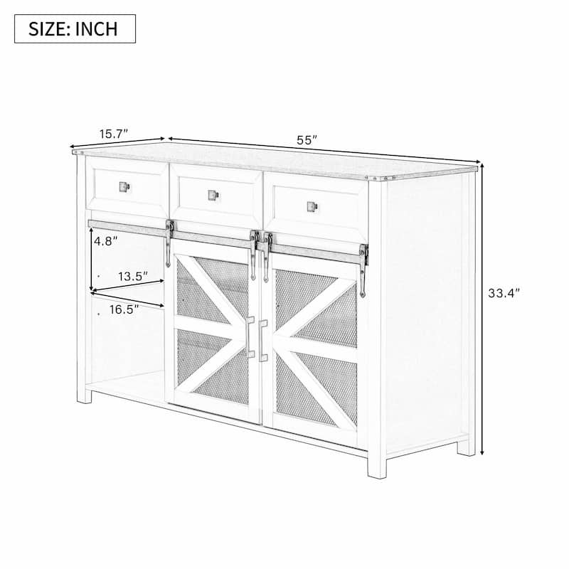 55'' Sliding Barn Door Sideboard with 3 Drawers, Particle Board & Metal Mesh Storage Cabinet