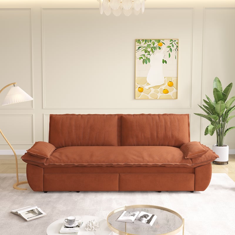 73.2" Queen Pull Out Sofa Bed, 3-in-1 Convertible Sleeper Sofa, Multi-Functional Corduroy Loveseat Bed - Orange