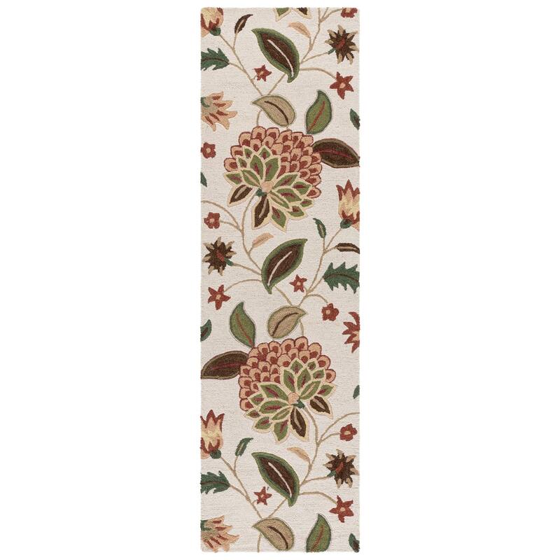 SAFAVIEH Handmade Jardin Shemsie Floral Wool Rug - 2'3" x 8' Runner - Ivory/Green