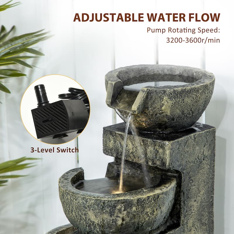 Outsunny Outdoor Fountain with 4-Tier Stacked Stone Look Bowls, Cascading Waterfall, Adjustable Flow & LED Lights