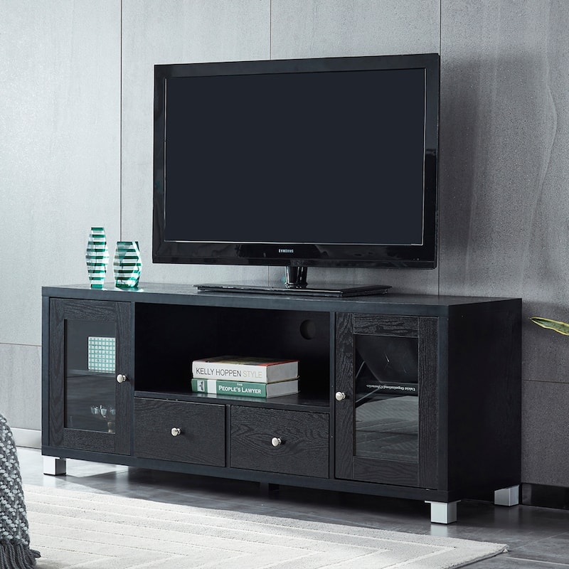 Wood TV stand Media Console with Storage Cabinet for Living Room, Bedroom, Black- Wood Grain Finish - Black