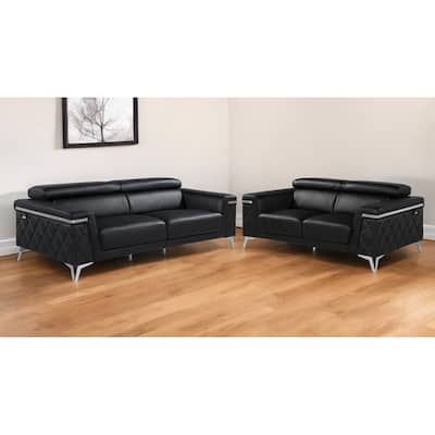 Two Piece Black Italian Leather Four Person Seating Set