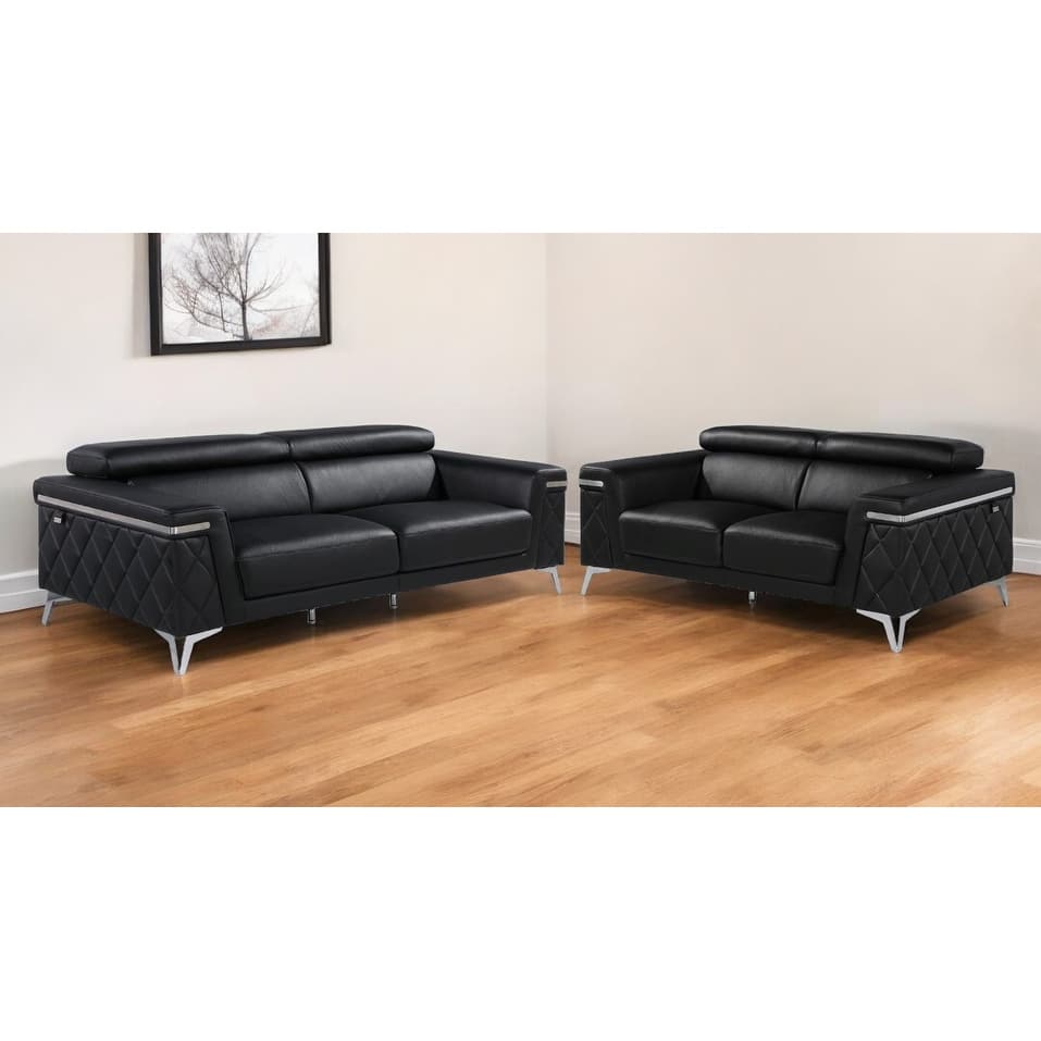 Two Piece Black Italian Leather Four Person Seating Set