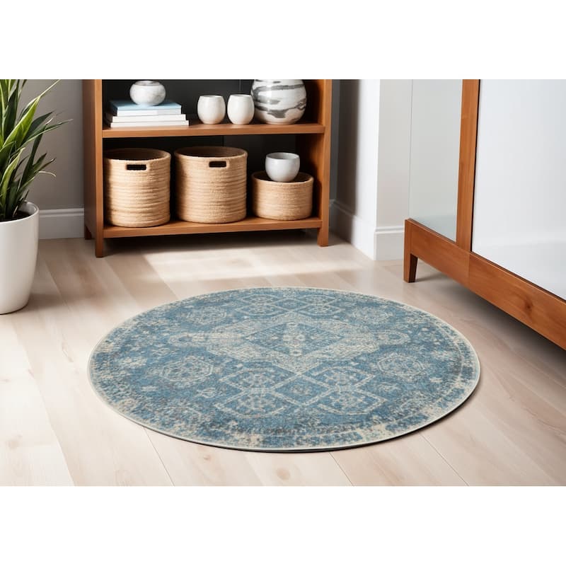 Power Loomed Distressed Geometric Stain Resistant Area Rug - 48' X '48' X '0.5 - 48' X '48' X '0.5 - Oxford Blue - Round