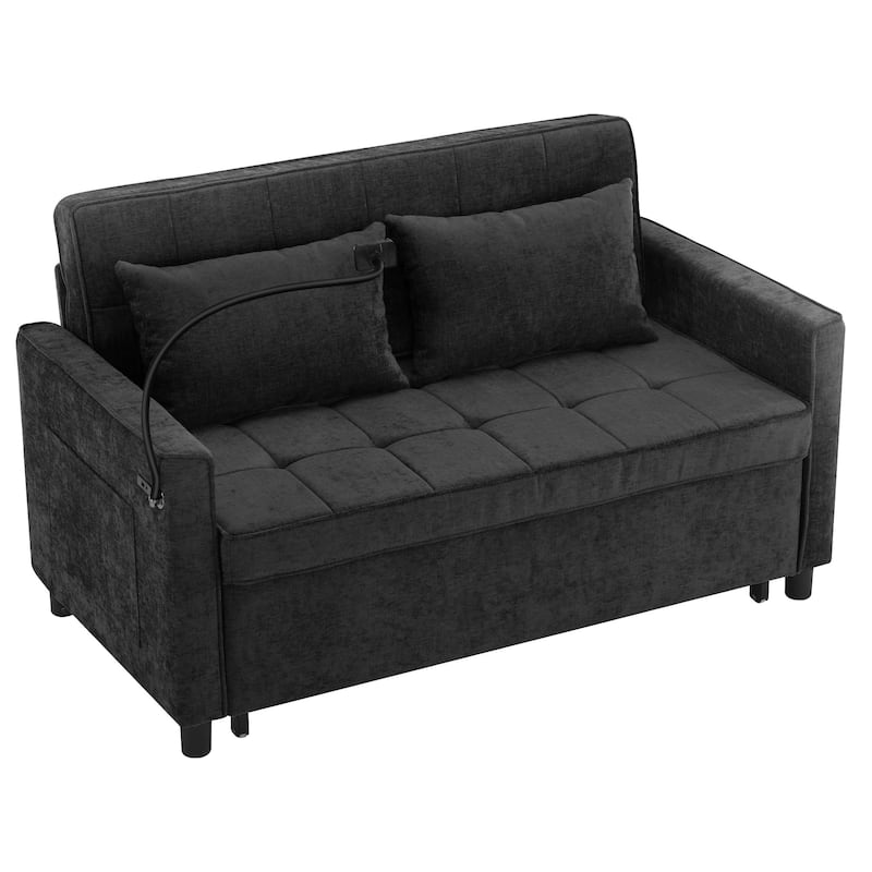 Roomfitters Loveseat Sleeper Sofa Bed with USB Ports, Reversible Cushion, Side Pockets and Phone Holder