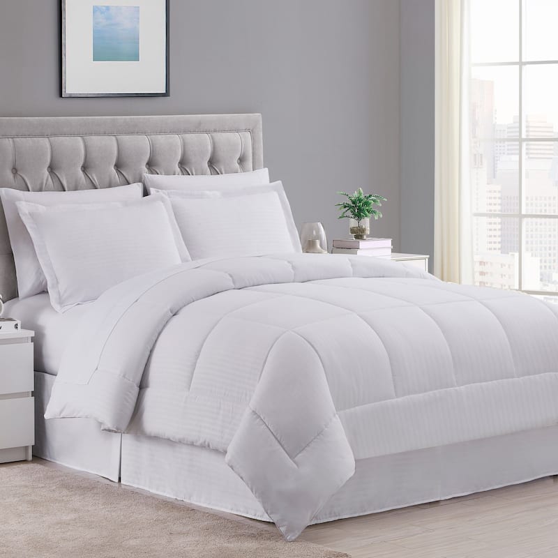 Soft Dobby 8-piece Striped Down Alternative Bed-in-a-Bag Set w/ Sheets - White - Queen