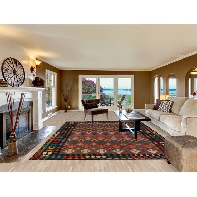 Tribal Geometric Kilim Area Rug Hand-Woven Wool Carpet - 8'7"x 11'6"