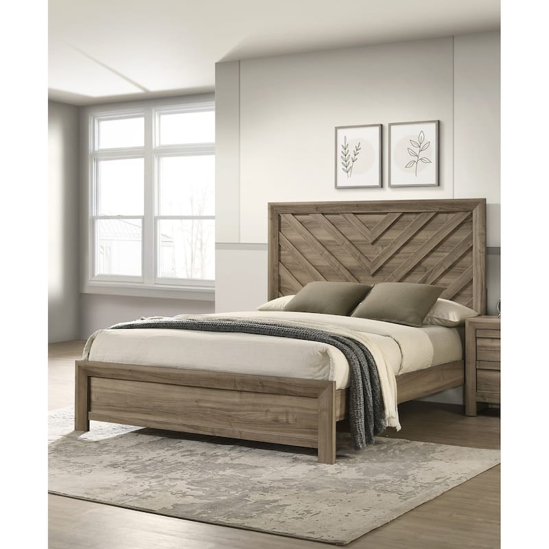 King Size Chevron-Patterned Headboard Bed in Light Brown Warm Wood Finish