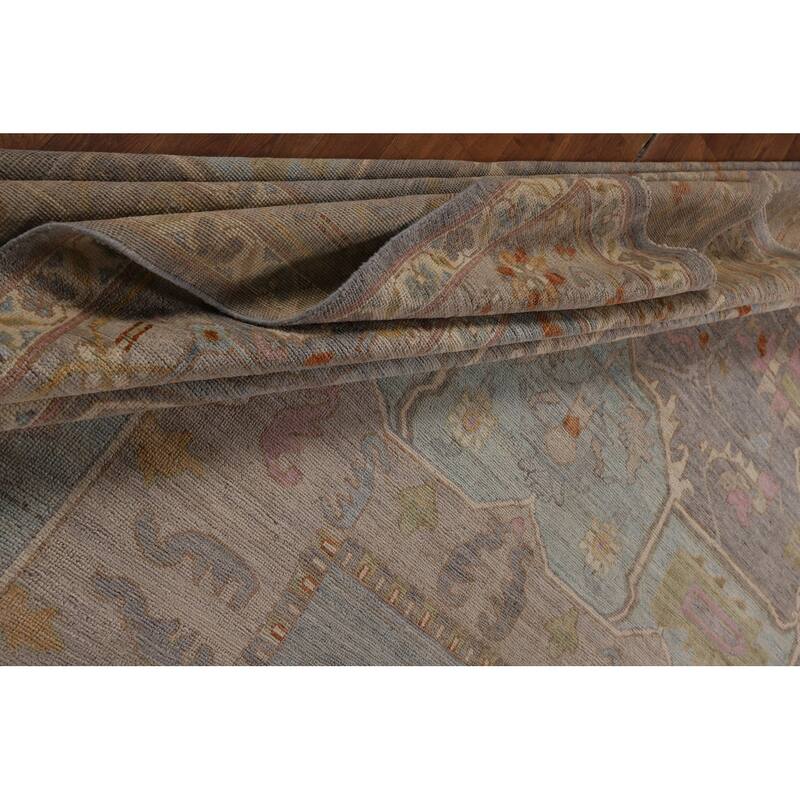 Geometric Gray Oushak Turkish Large Area Rug Hand-Knotted Wool Carpet - 12'1"x 14'6"