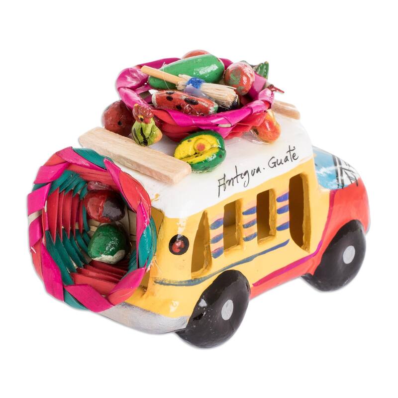 Novica Handmade Red And Yellow Old Time Bus Mini Ceramic Sculpture