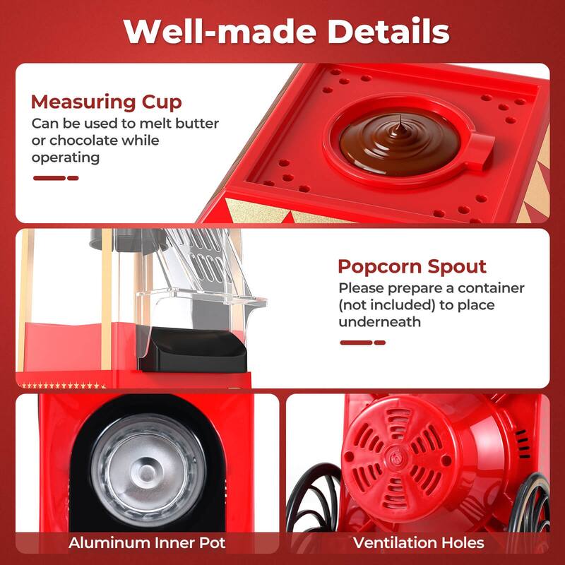 Costway Retro Hot Air Popcorn Maker 1200W, Oil-Free & Fat-Free, Makes - See Details