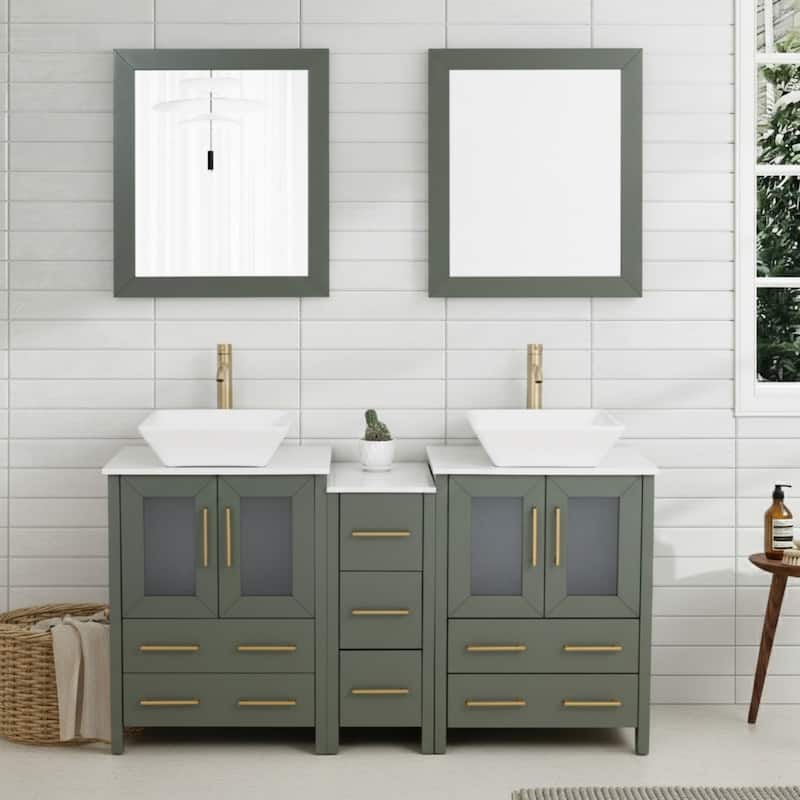 Vanity Art 60" Double Sink Bathroom Vanity Set with Engineered Marble Top and Free Mirror - 60 W X 18.5 D X 31.1 H - Vintage Green