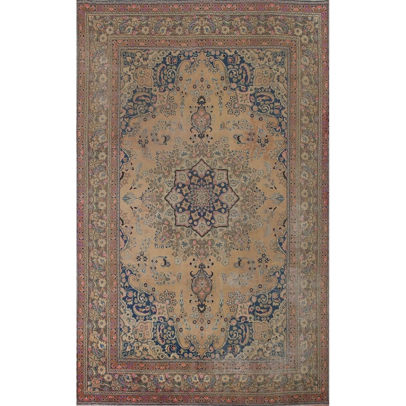 Vintage Distressed Mashad Persian Area Rug Hand-knotted Wool Carpet - 7'11" x 11'1"