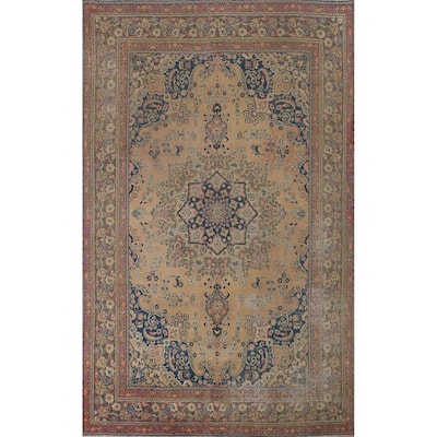 Vintage Distressed Mashad Persian Area Rug Hand-knotted Wool Carpet - 7'11" x 11'1"