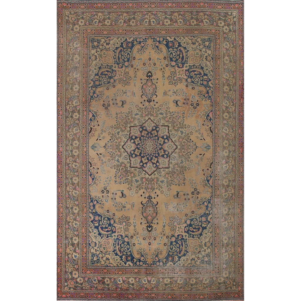 Vintage Distressed Mashad Persian Area Rug Hand-knotted Wool Carpet - 7'11" x 11'1"