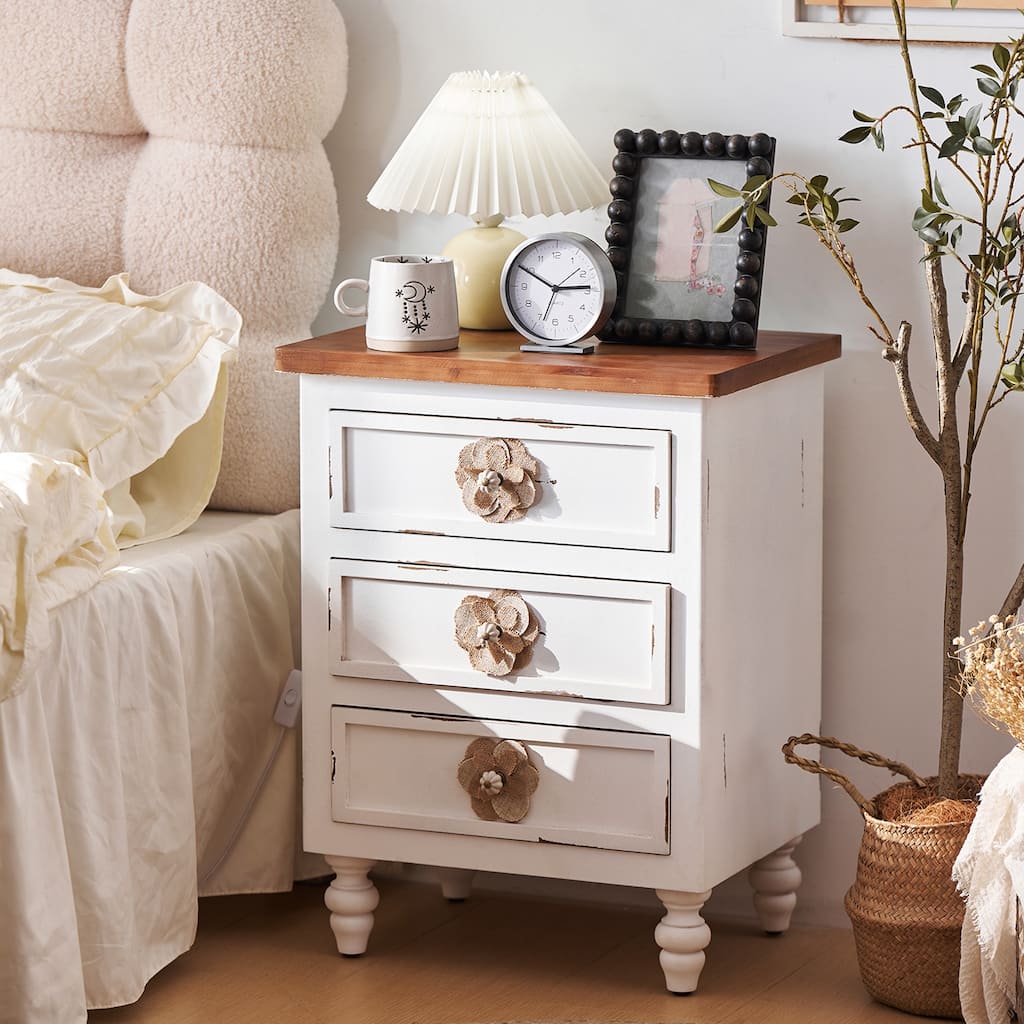 Vintage White Distressed 3-Drawer Nightstand with Floral Knobs and Gourd Legs