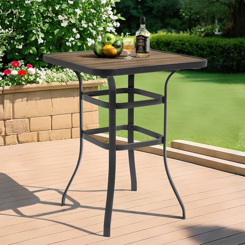 Outdoor Square Height Bar Table with Faux Wood Tabletop, Brown