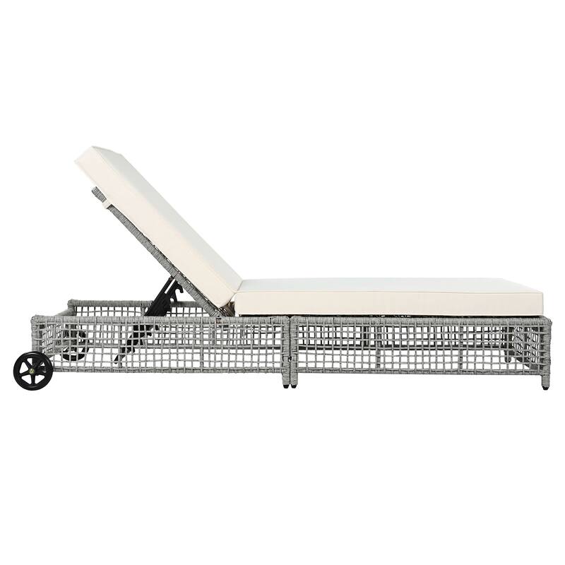2 Pieces Outdoor Chaise Lounges Set for Poolside Garden, Adjustable Reclining Sun Lounger with Cushion & Wheels for 2 People