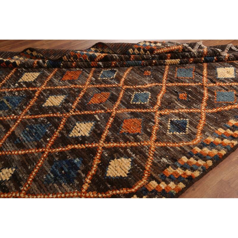 Hand Knotted Oriental 100% Wool Carpet Modern Tribal Brown Moroccan Area Rug - 9' 9'' X 6' 9''