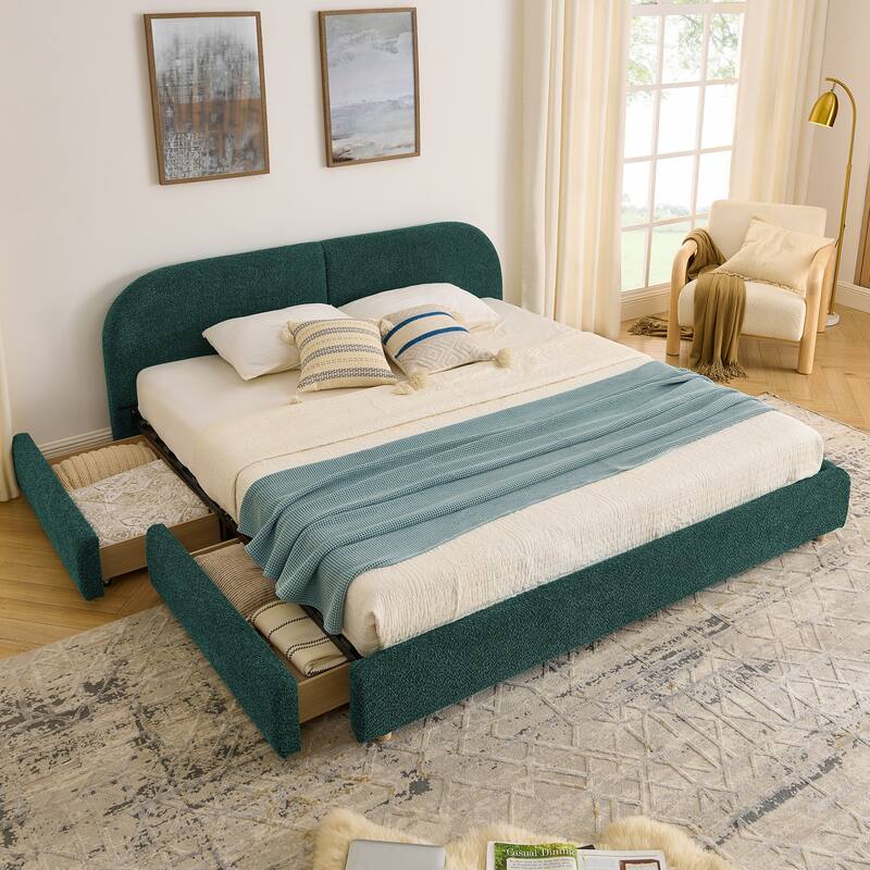 King Size Upholstered Bed Frame Modern Minimalist Style - Circle Yarn Fabric, Tall Curved Headboard