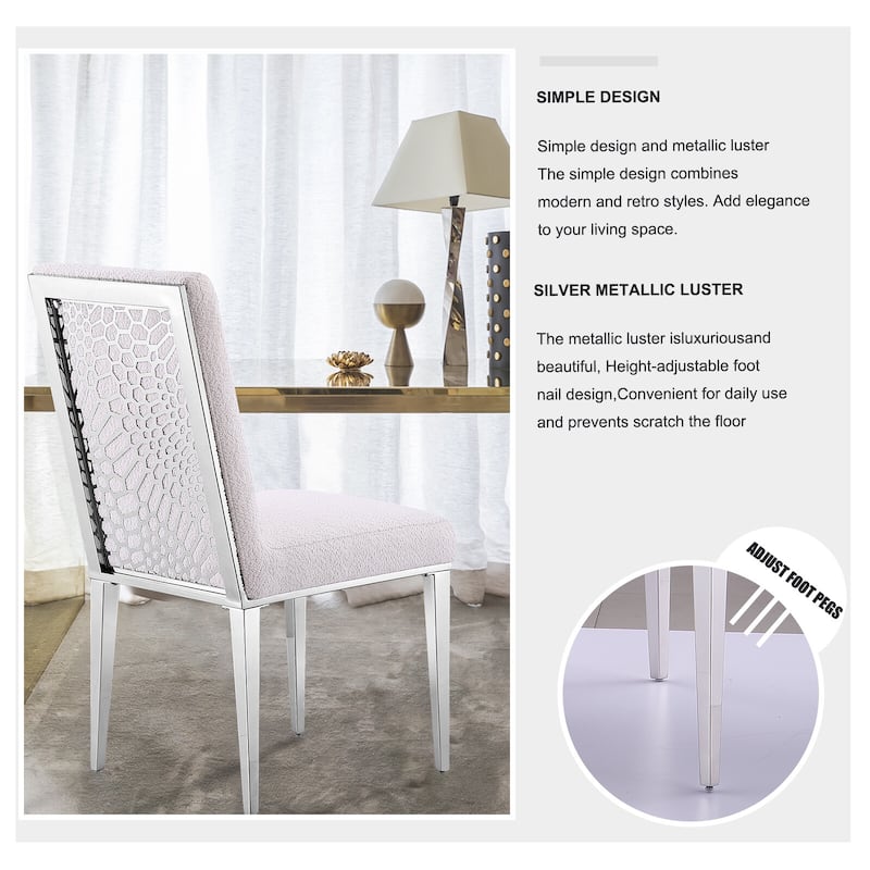 Luxurious White Boucle Dining Chairs with Mirrored Silver Metal Legs