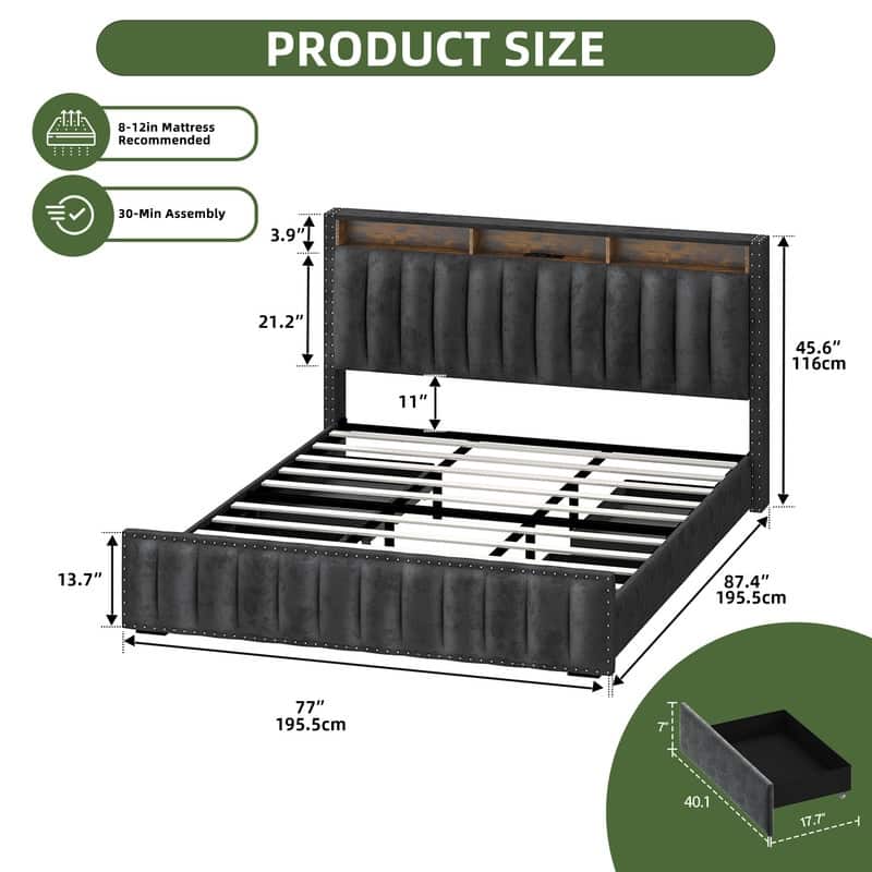 Full / Queen / King Size Platform Bed Frame with Upholstered Storage Headboard and 4 Drawers