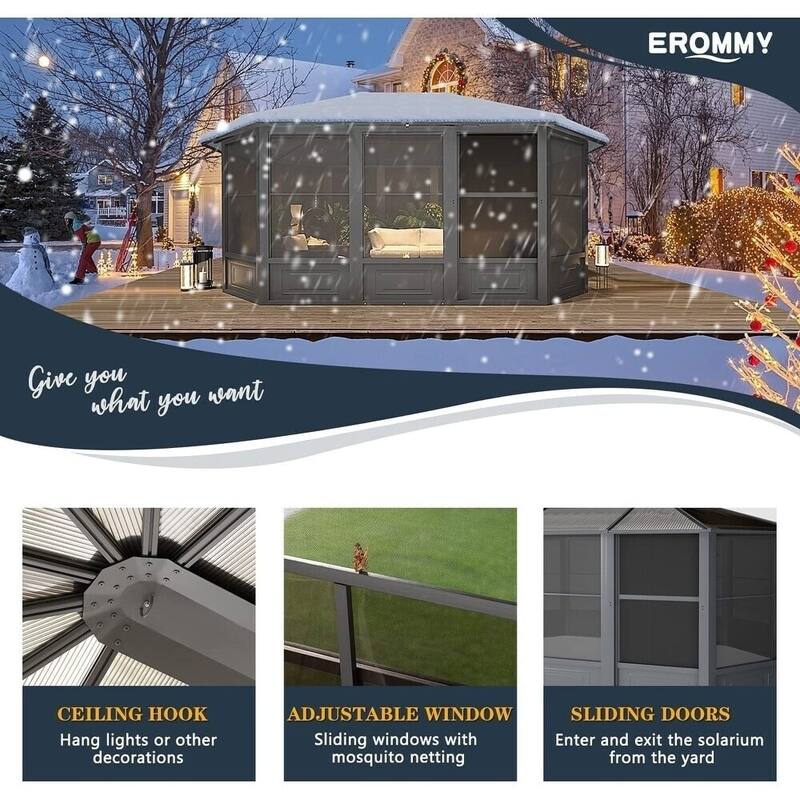 Erommy Outdoor Solarium Sunroom, Patio Hardtop Gazebo, Aluminum Frame Permanent Gazebo with Sliding Doors and Screens