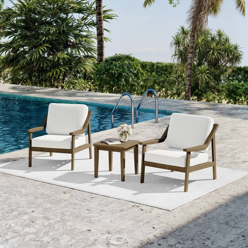3-piece Teak Modern Cushioned Club Chairs Set Patio Bistro Set