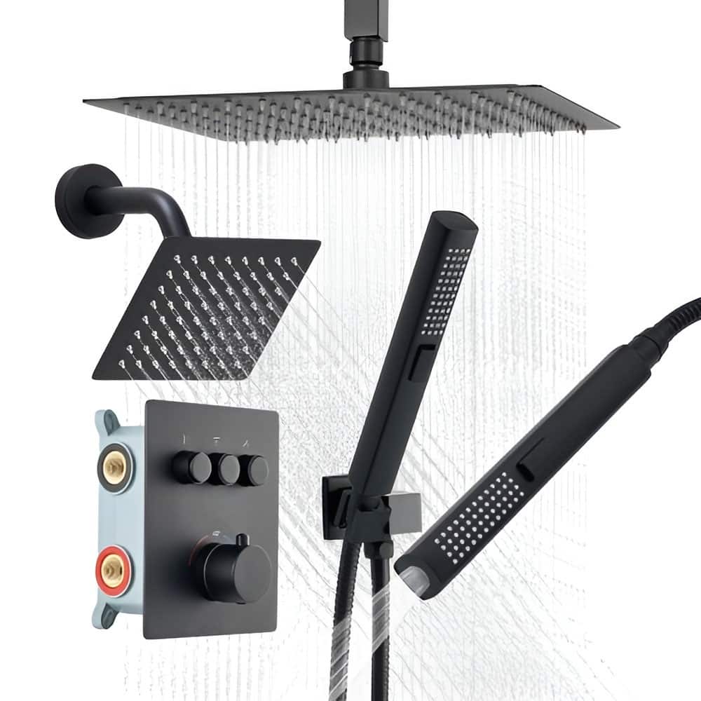 Matte Black 3-Function Thermostatic Shower System with Rainfall Head, Handheld and Body Spray Set