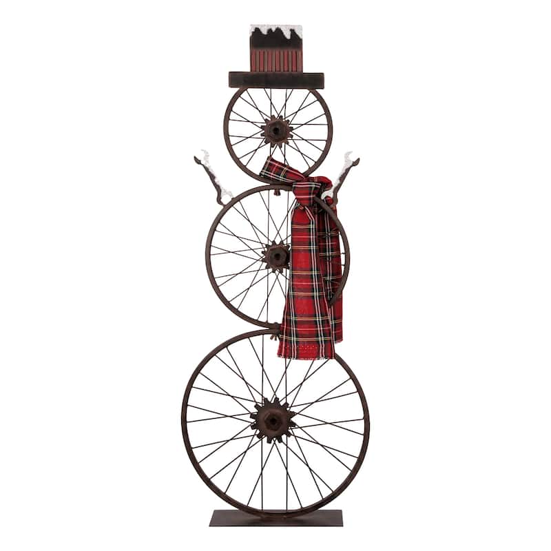 Glitzhome 34"H Christmas Metal Bike Wheel Snowman with Scarf Porch Decor - 34"H - Rustic