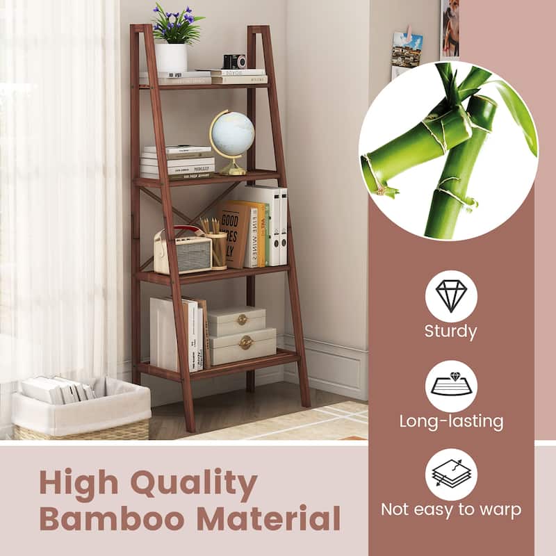 Gymax 4-Tier Bamboo Ladder Bookshelf 58'' Display Shelf Storage Rack