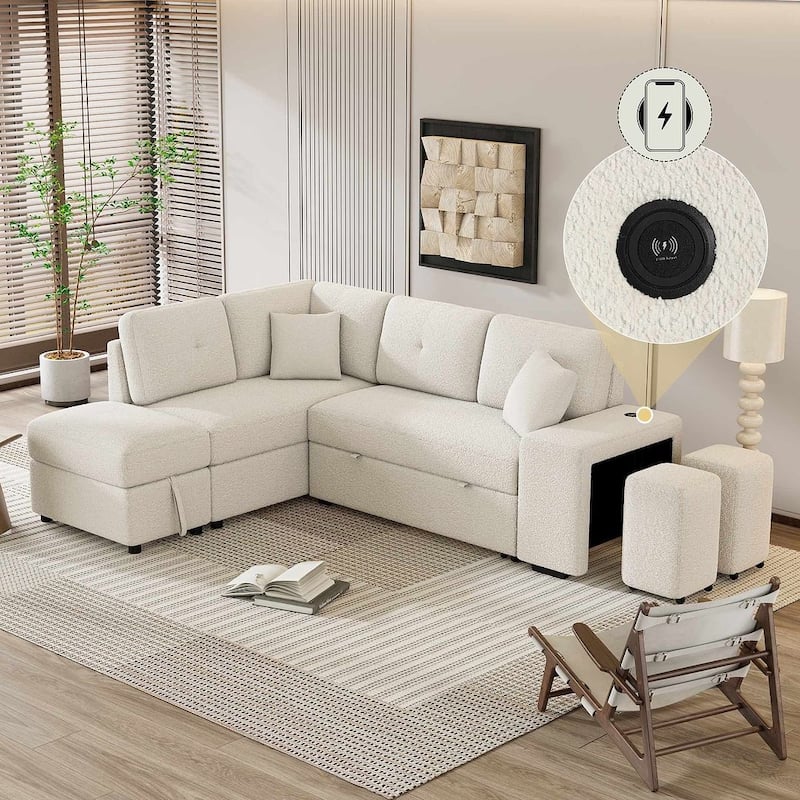 Sectional Sofa Pull Out Sofa Bed with Storage Ottoman, Convertible Sleeper for Living Room - Cream