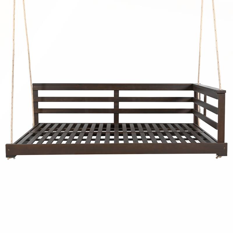 Durable Acacia Wood Porch Swing Bed with Hemp Ropes for Patio and Garden