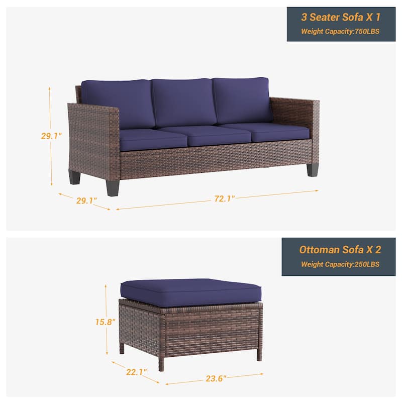 LIVOOSUN 3Pcs Patio Furniture Conversation Brown Rattan Patio Sofa Set