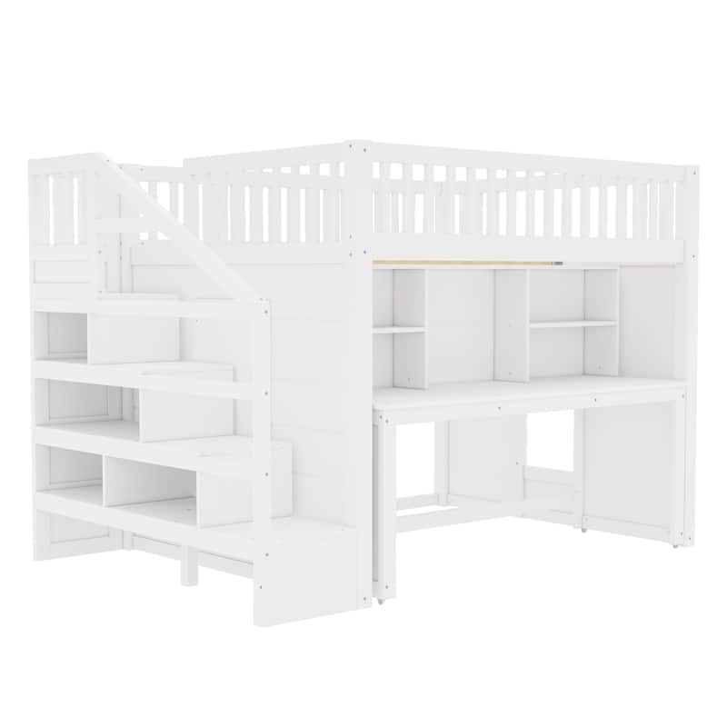 Children's Bedroom Solid Wood Loft Bed with Movable Desk, Storage Stairs, Shelves, Safety Guardrails and Optional Full or Twin