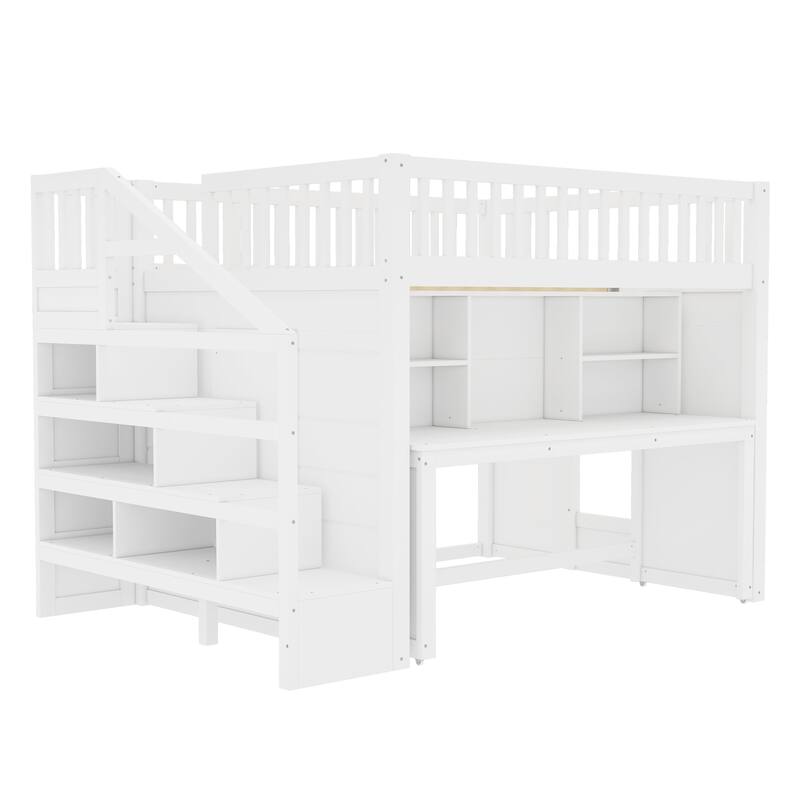 Full Size loft bed with movable desk and storage shelf, featuring storage stairs