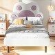 preview thumbnail 2 of 9, Twin Pink Upholstered Platform Bed wPaw Shaped Headboard, LED Light