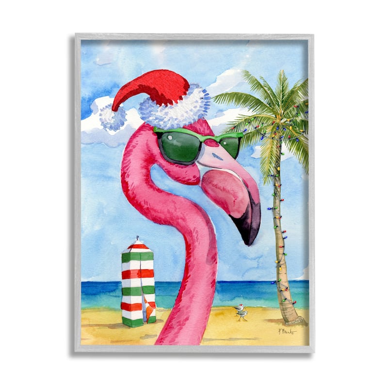 Stupell Flamingo Tropical Christmas Framed Giclee Art Design by Paul Brent - 24 x 30 - Grey