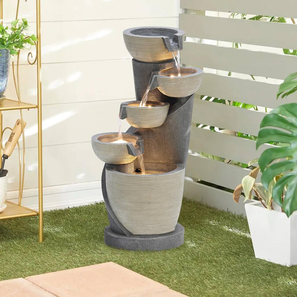 Small Water Fountain Outdoor, 23" Polyresin Modern Outdoor Water Fountains with LED Lights Garden Decor, Water Fountains