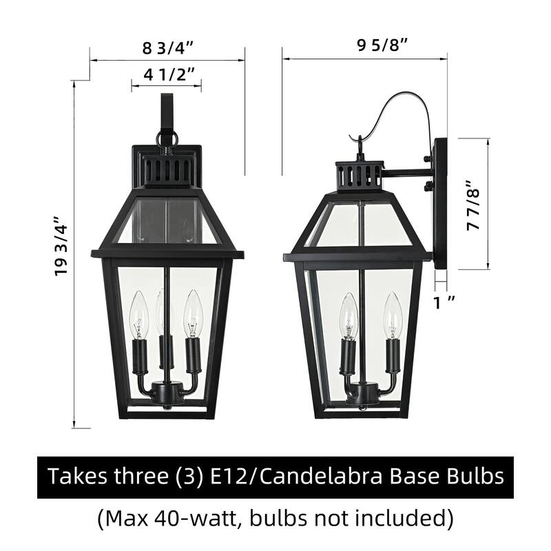 20 in. 3-Light Matte Black Outdoor Wall Lantern Sconce with Clear Glass - E12, 40W, Wet Rated, Farmhouse Style