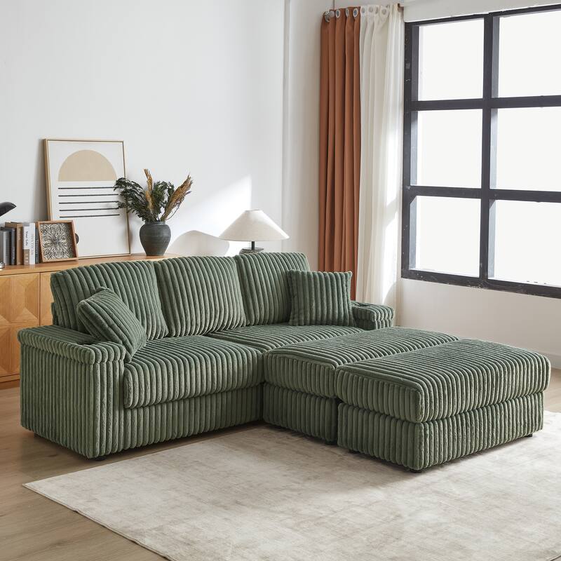 Corduroy Sectional Loveseat Sofa with 2 Ottomans Chaise Lounge, 2 Toss Pillows, 2 Arm Storage and 2 Cup-holding for Living Room