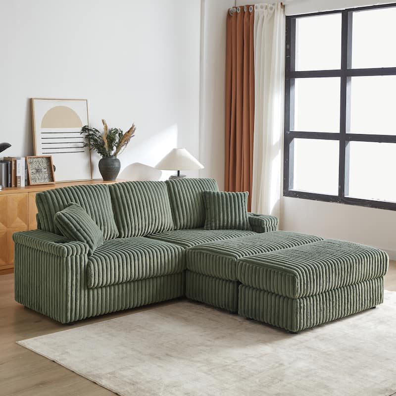Roomfitters 84" Corduroy 3-Seater Sofa, Deep Seat Couch with 2 Ottomans, Storage, Cup Holders, 3 Back and 2 Toss Pillows